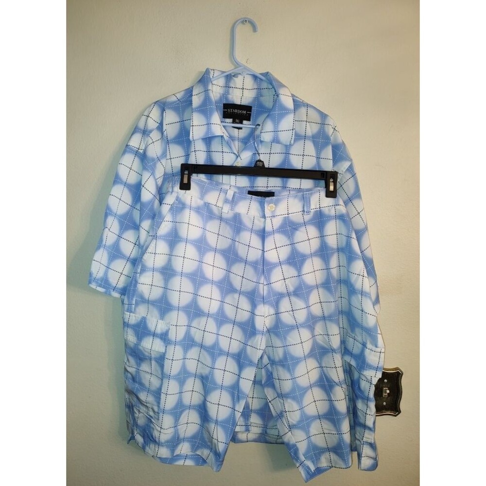 2 p Set Men Stardom Collection Plaid Blue White Shirt & Shorts Sz 2XL See Descr